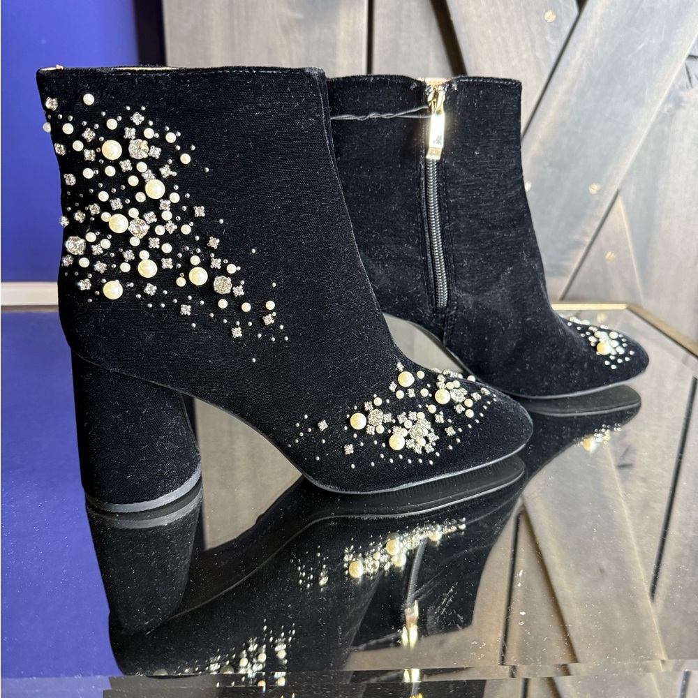 Zara Black Velvet Heeled Boots with Pearl Detailing